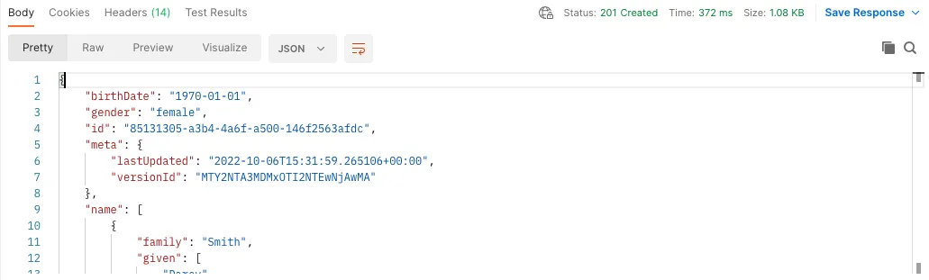 JSON de resultado de la operación, incluye el ID