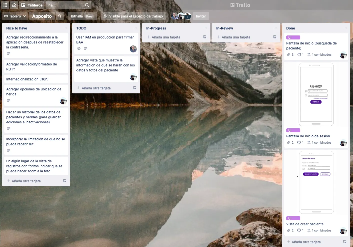 Tablero de trello con 5 columnas