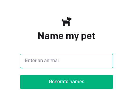 Interfaz de la APP de prueba consiste en una caja de texto donde debes ingresar un animal y un botón para generar nombres